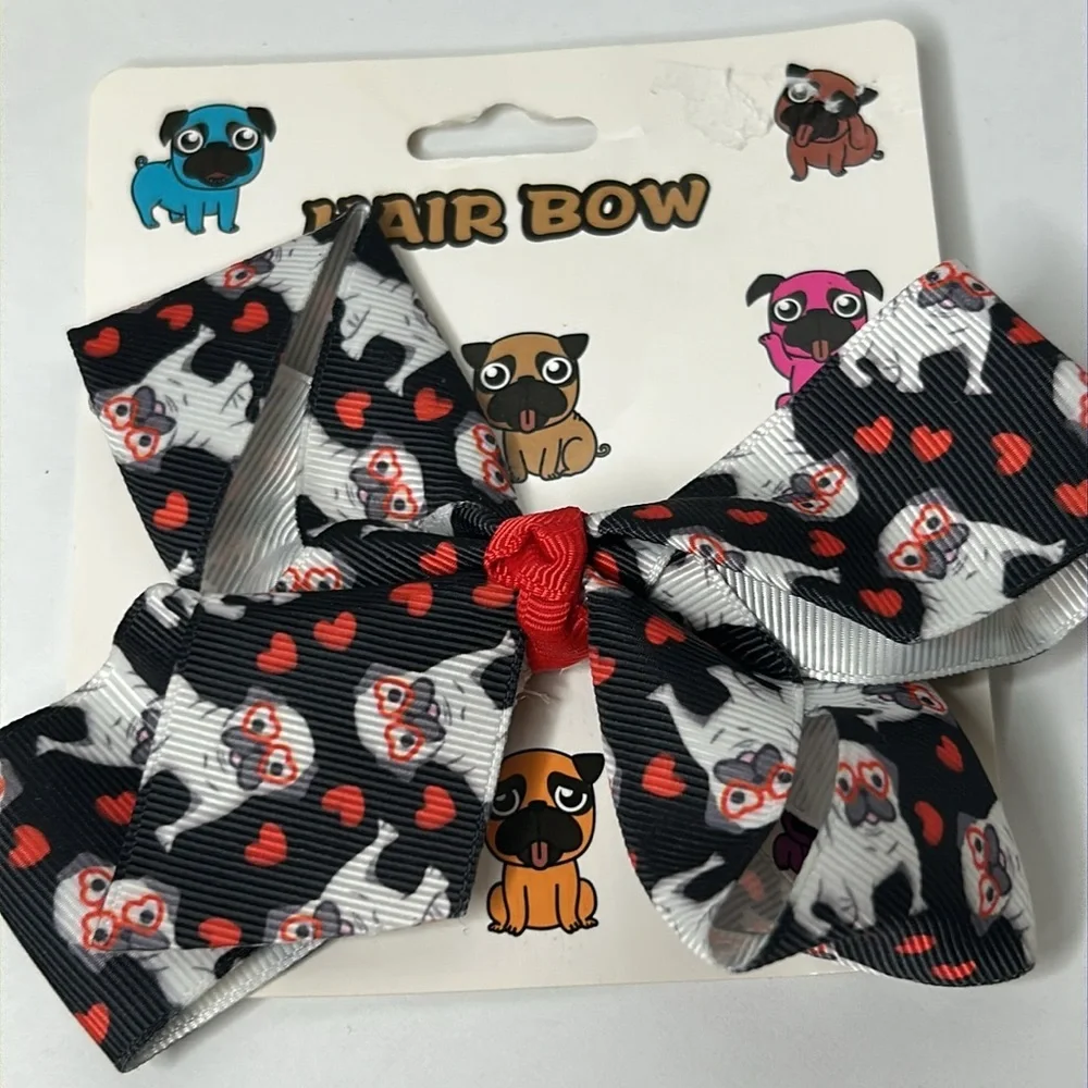 PUG Dogs Grosgrain All Over Print Bundle of 3 Adorable Hair Bows‎ Super Cute NWT